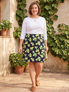 Talbots Women's Size 14 Navy Polka Dot Lemon Print A-Line Skirt